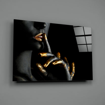 Gold Lips Hush Gesture on Black Panel Glass Wall Art