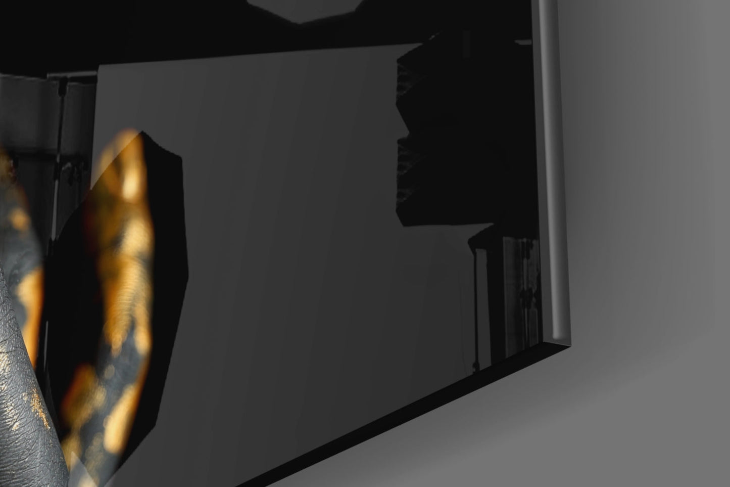 Gold Lips Hush Gesture on Black Panel Glass Wall Art
