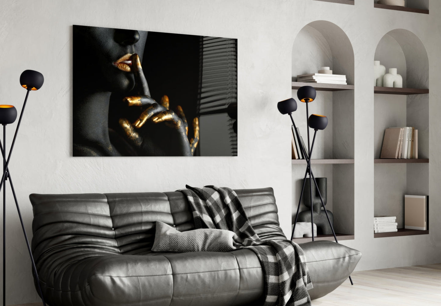 Gold Lips Hush Gesture on Black Panel Glass Wall Art