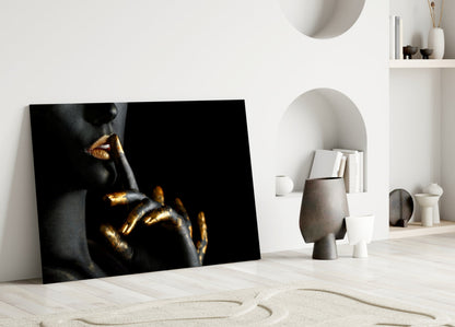 Gold Lips Hush Gesture on Black Panel Glass Wall Art