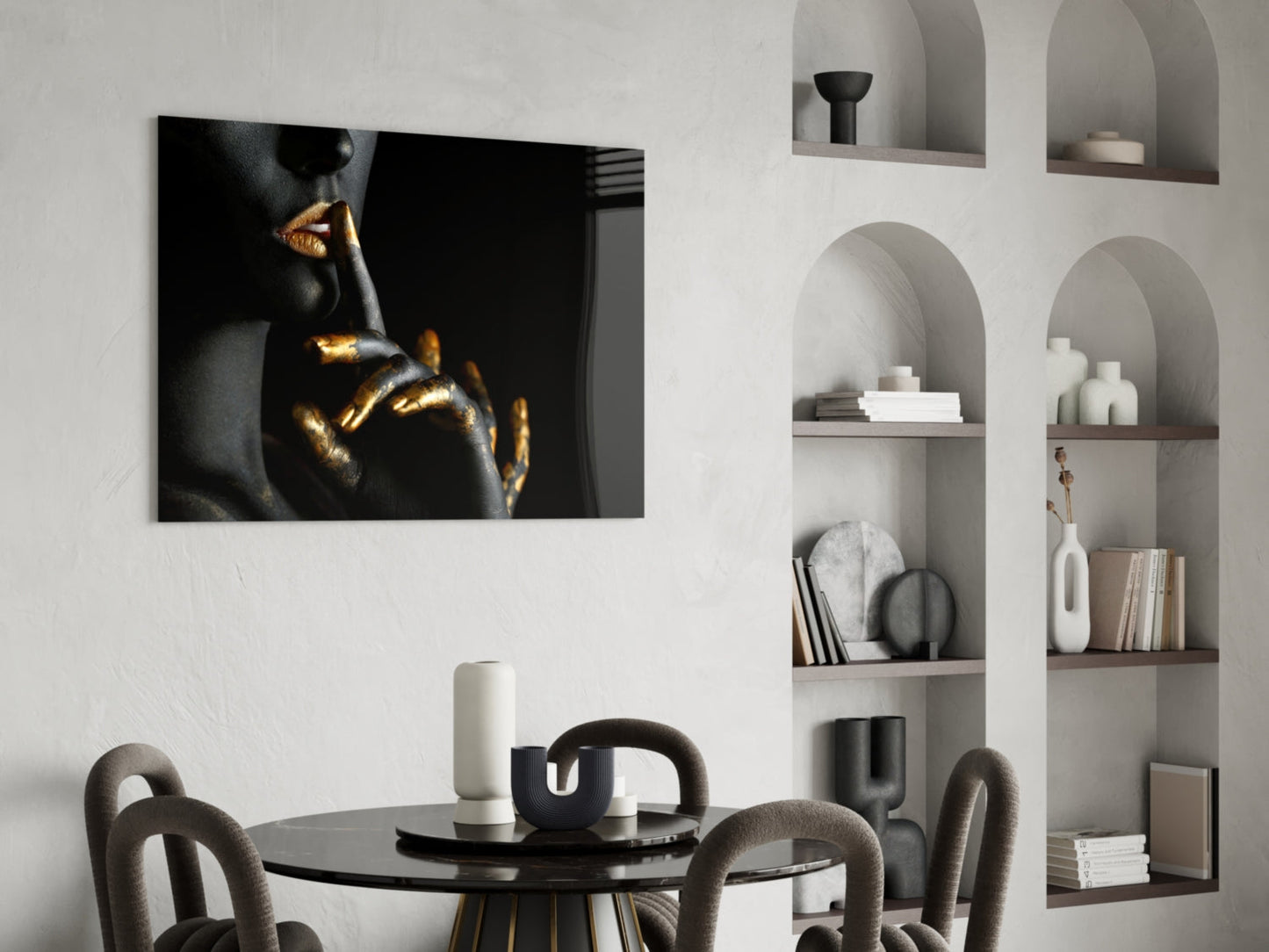 Gold Lips Hush Gesture on Black Panel Glass Wall Art
