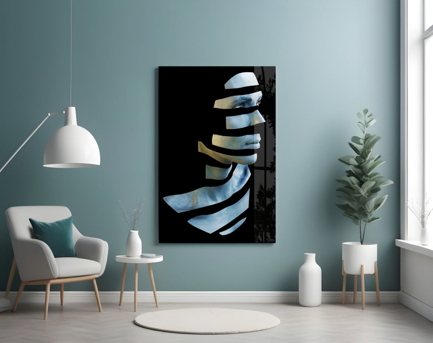 Sliced Blue Face Profile Layers Glass Wall Art
