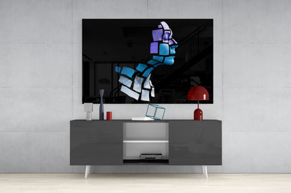 Blue Cube Mosaic Face Profile Glass Wall Art