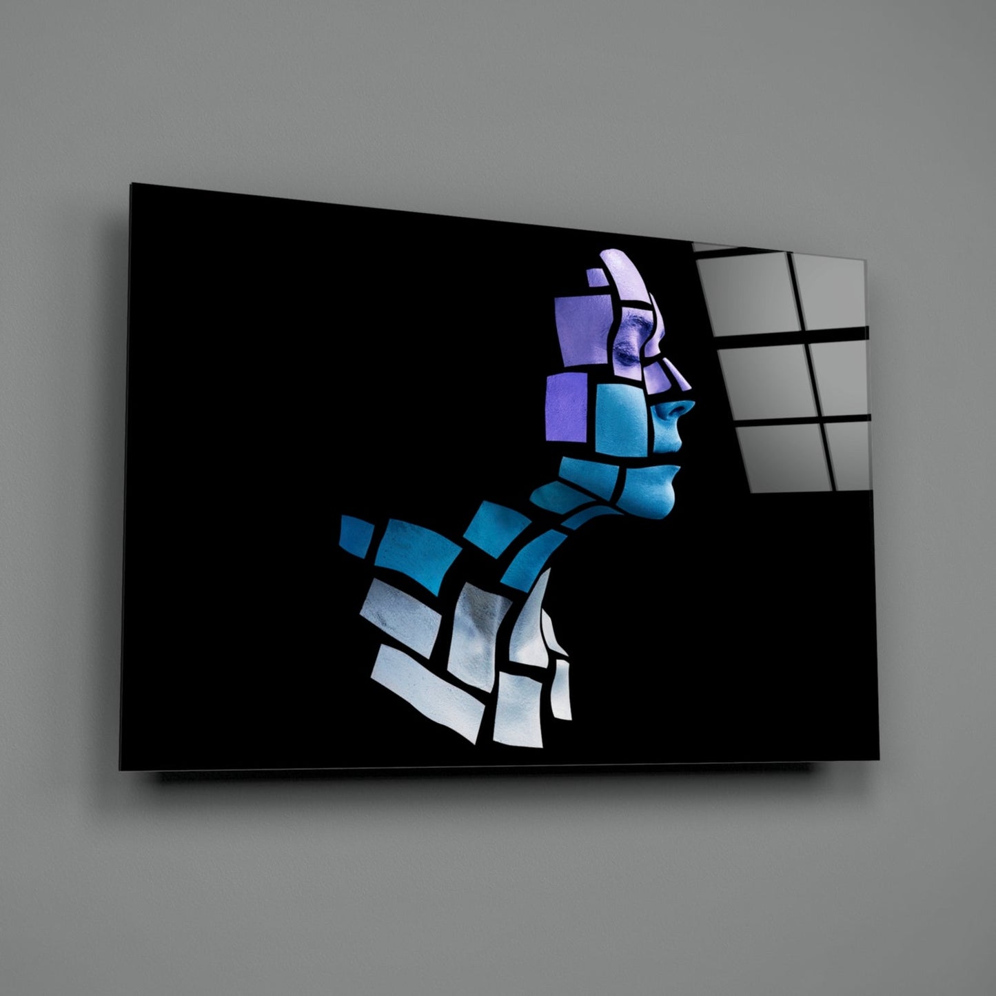 Blue Cube Mosaic Face Profile Glass Wall Art