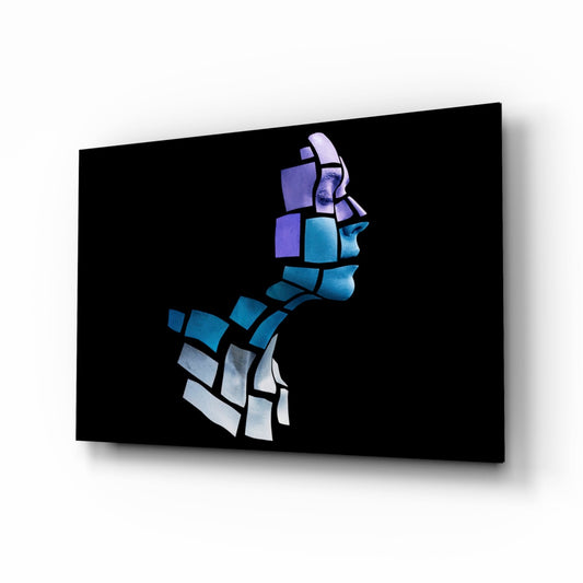 Blue cube mosaic glass wall art displaying a side profile head in purple, blue, and white tones against black background.