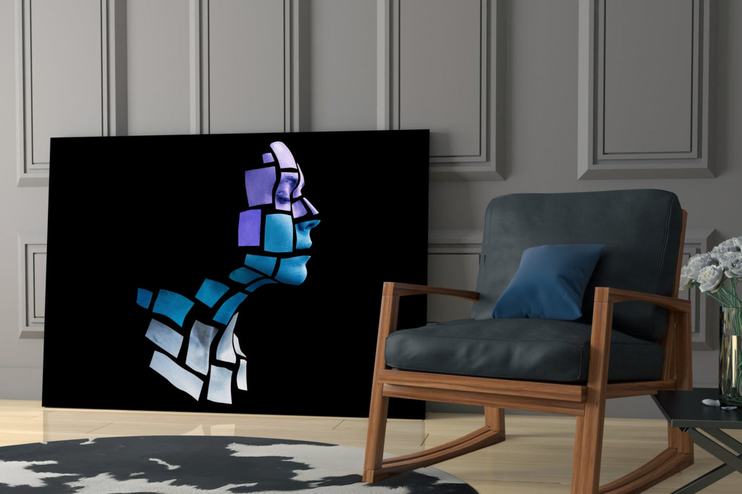 Blue Cube Mosaic Face Profile Glass Wall Art