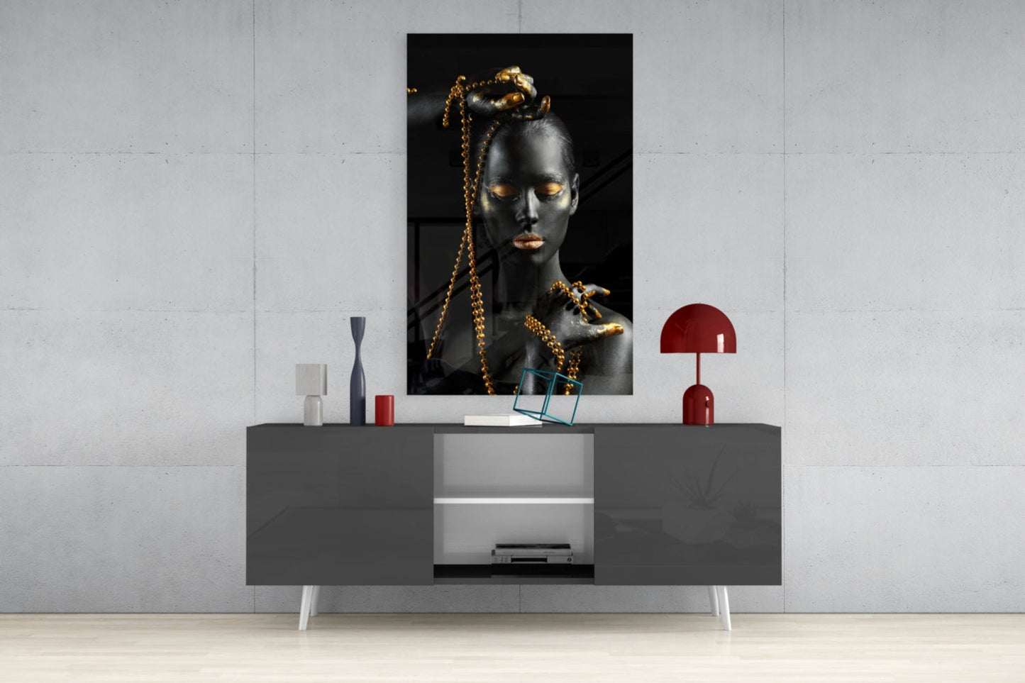 Gold Bead Chain Woman Glass Wall Art