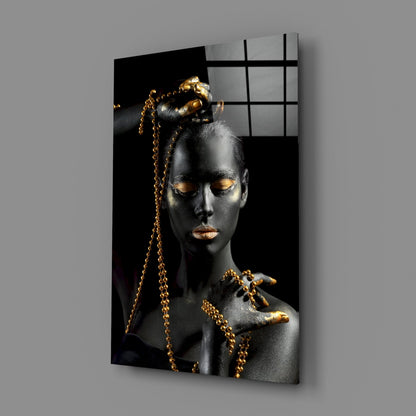 Gold Bead Chain Woman Glass Wall Art