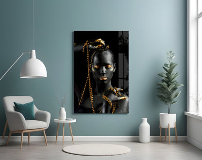 Gold Bead Chain Woman Glass Wall Art