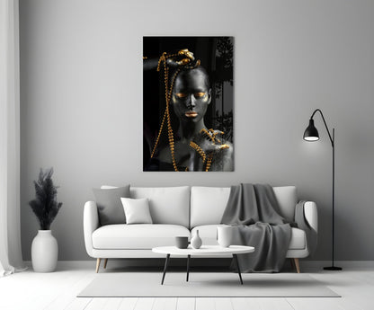 Gold Bead Chain Woman Glass Wall Art
