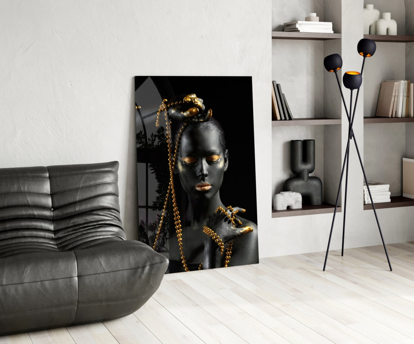 Gold Bead Chain Woman Glass Wall Art