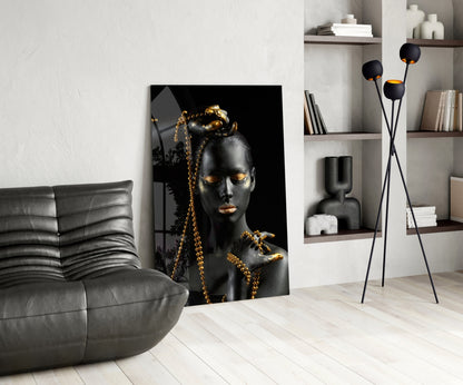 Gold Bead Chain Woman Glass Wall Art