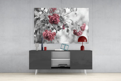 Pink roses glass wall art displayed above a dark gray media console in a modern living room interior.