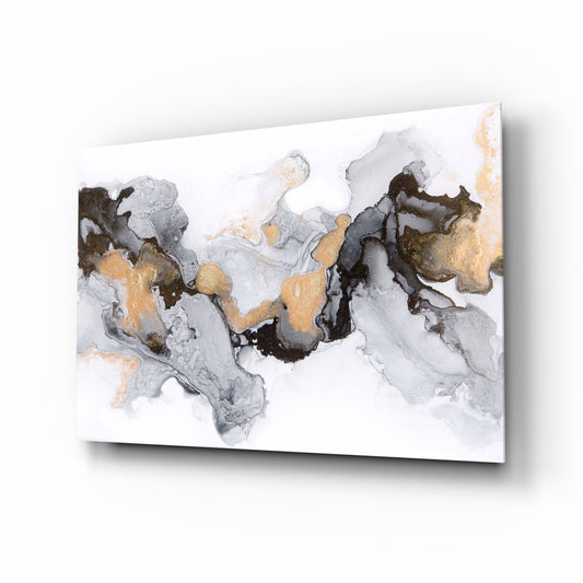 Angled perspective view of glass wall art showing white, gray, and black marbled surface with gold accents, mounted on white background.