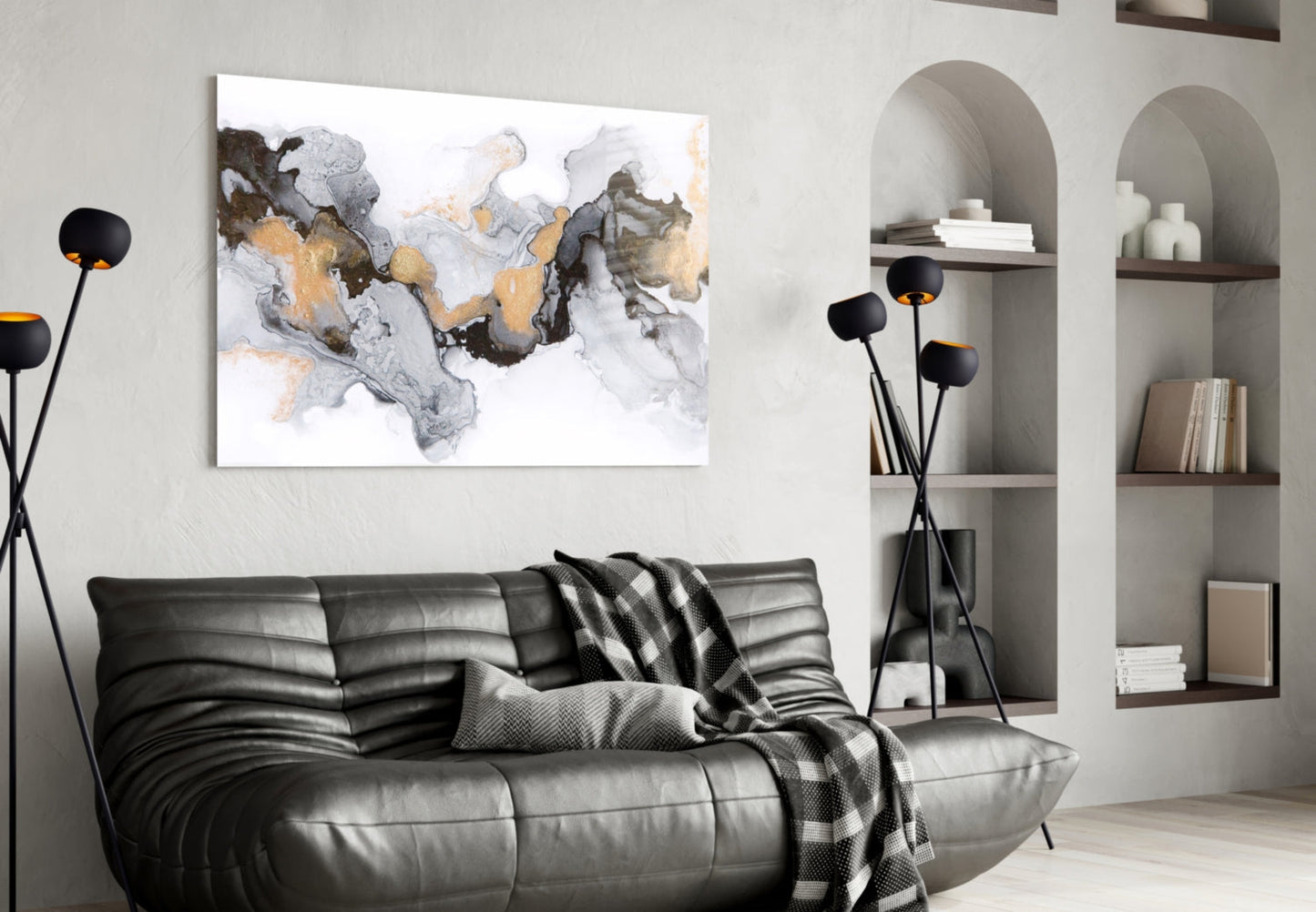 Gold Veined Black Marble Flow Glass Wall Art