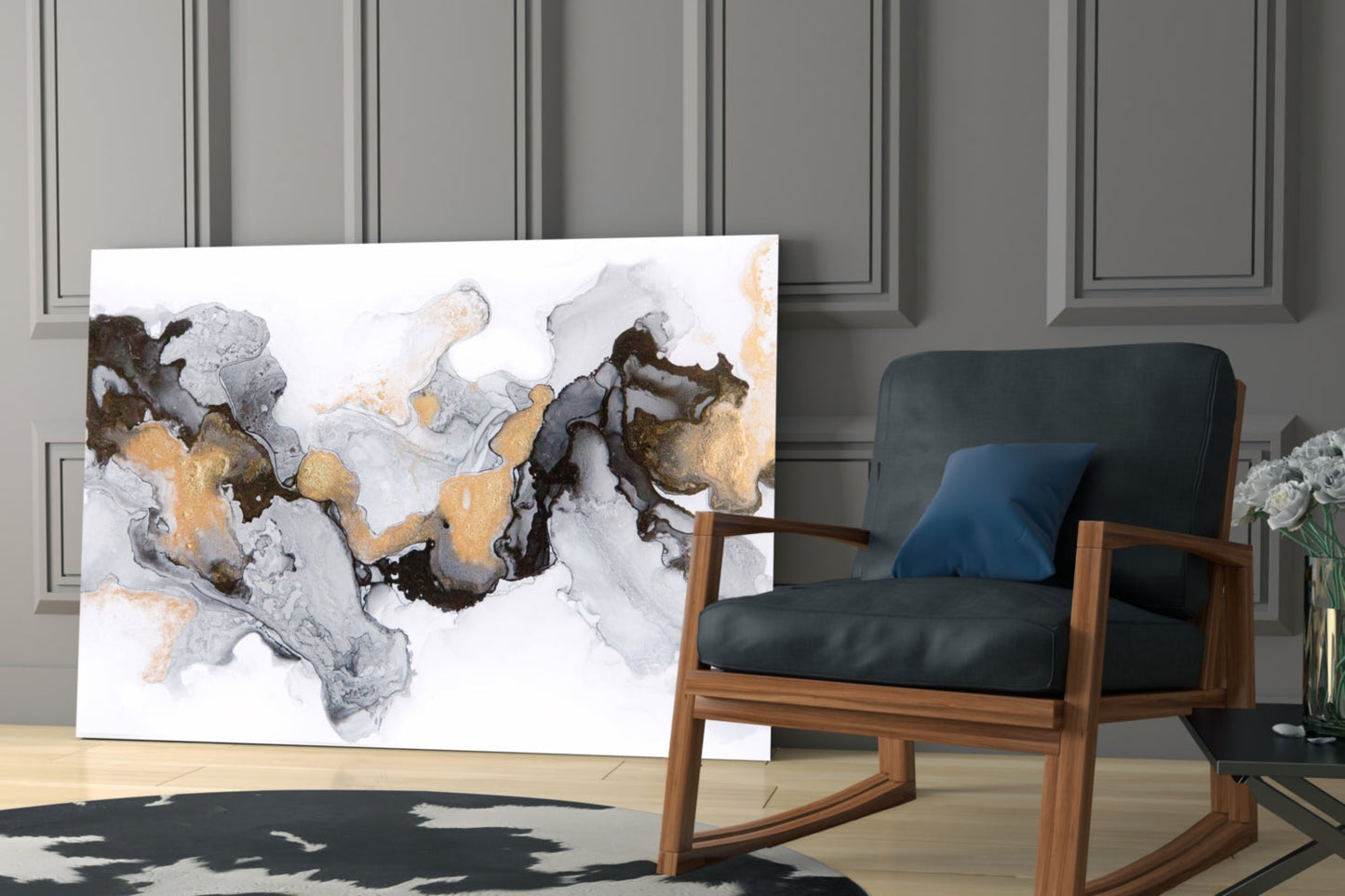 Gold Veined Black Marble Flow Glass Wall Art
