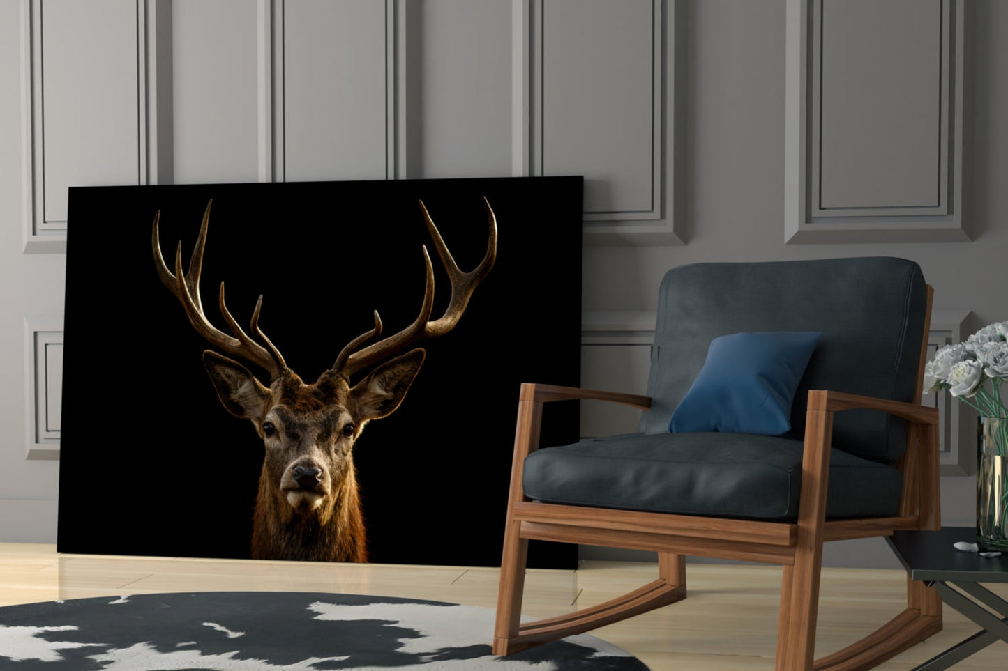 Red Deer Stag on Black Glass Wall Art