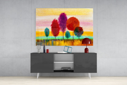 Slender Trees Golden Sunset Sky Glass Wall Art