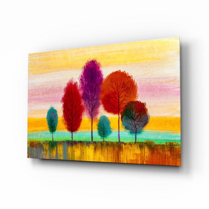 Slender Trees Golden Sunset Sky Glass Wall Art