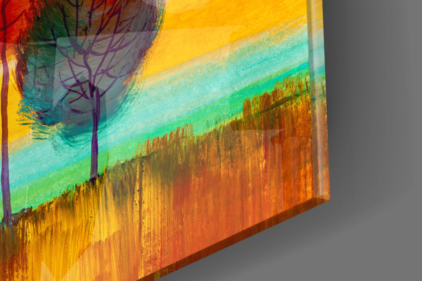 Slender Trees Golden Sunset Sky Glass Wall Art