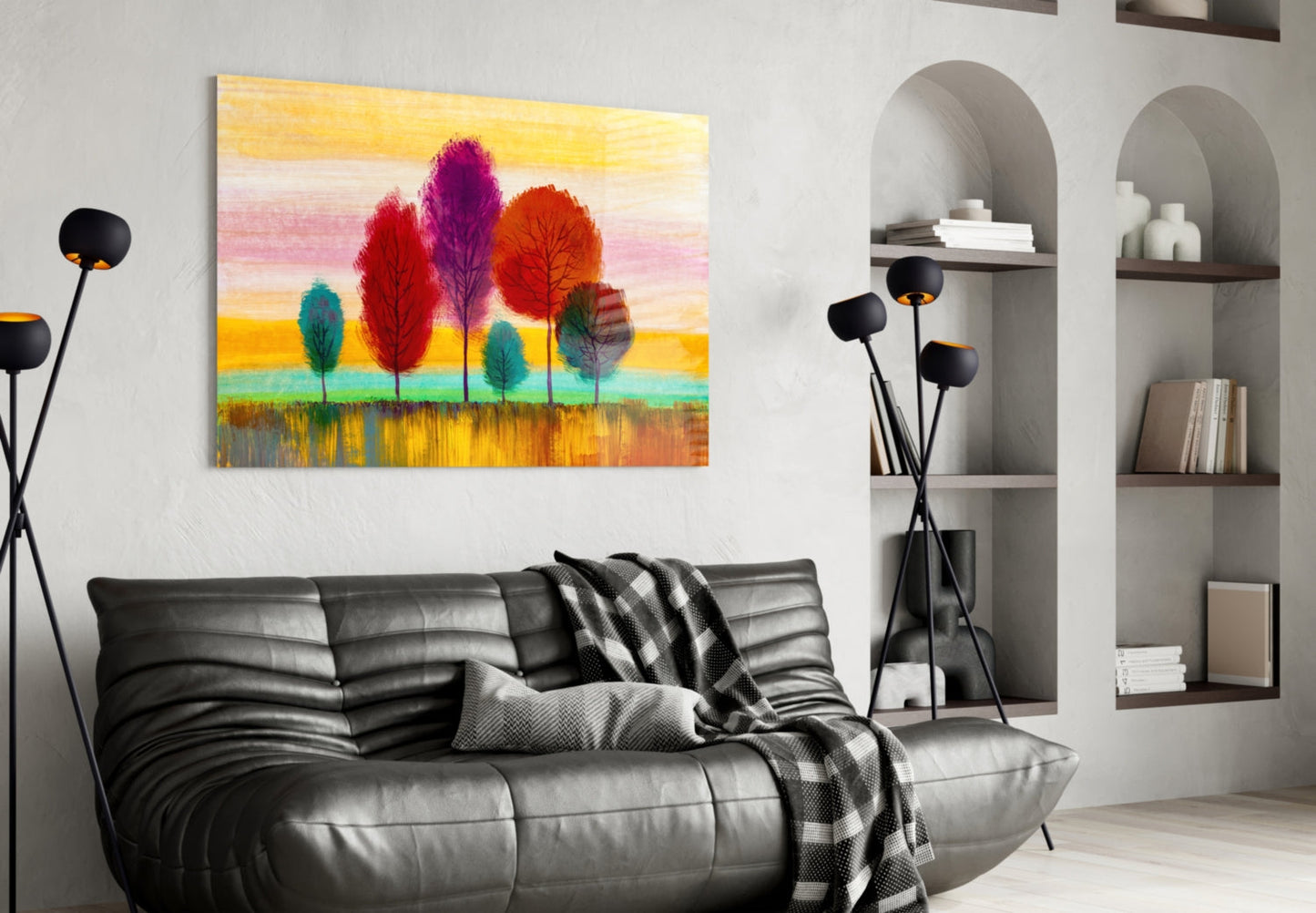 Slender Trees Golden Sunset Sky Glass Wall Art