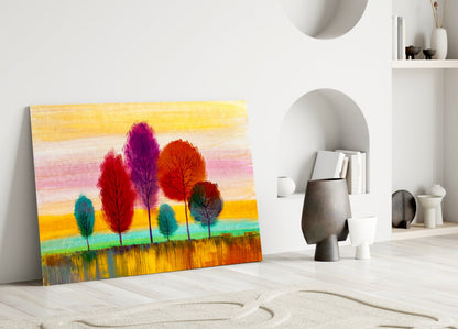 Slender Trees Golden Sunset Sky Glass Wall Art