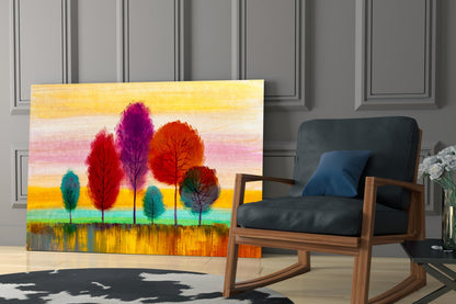 Slender Trees Golden Sunset Sky Glass Wall Art