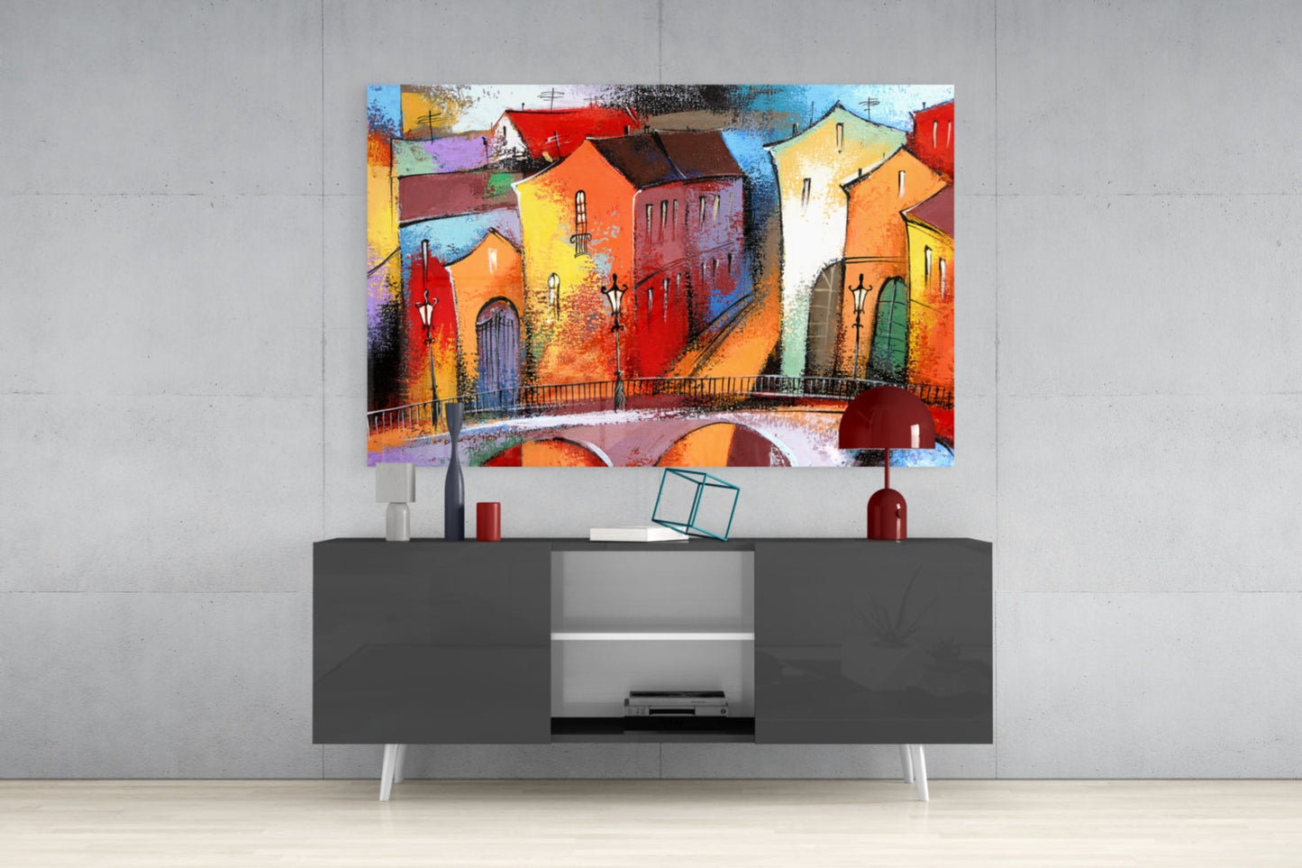 Colorful Village Houses Stone Bridge Glass Wall Art