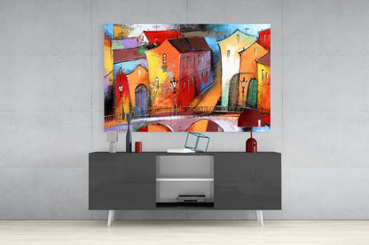 Colorful Village Houses Stone Bridge Glass Wall Art