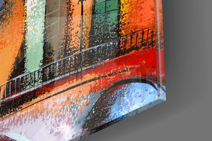 Colorful Village Houses Stone Bridge Glass Wall Art
