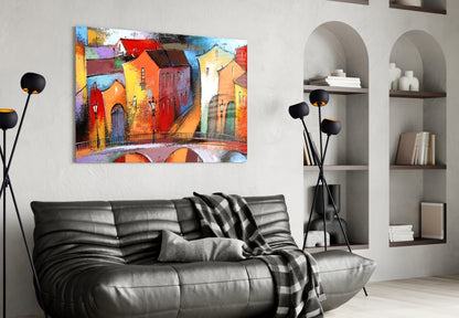 Colorful Village Houses Stone Bridge Glass Wall Art