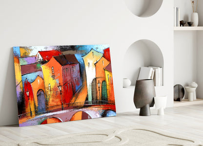 Colorful Village Houses Stone Bridge Glass Wall Art