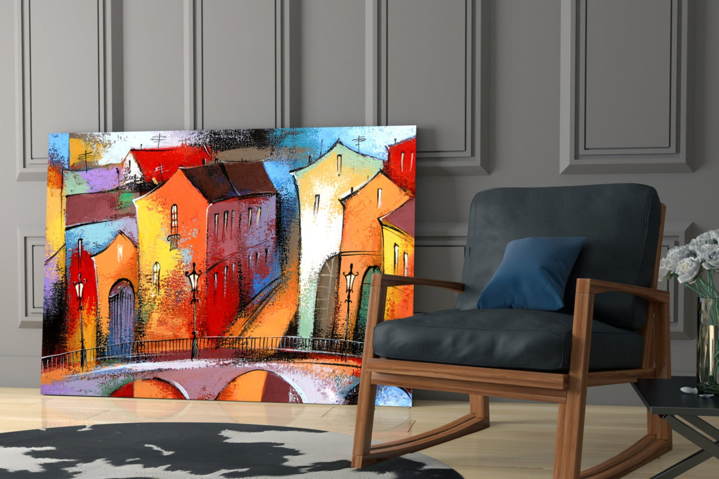 Colorful Village Houses Stone Bridge Glass Wall Art