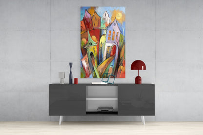 Whimsical Tilted Houses Golden Sun Glass Wall Art