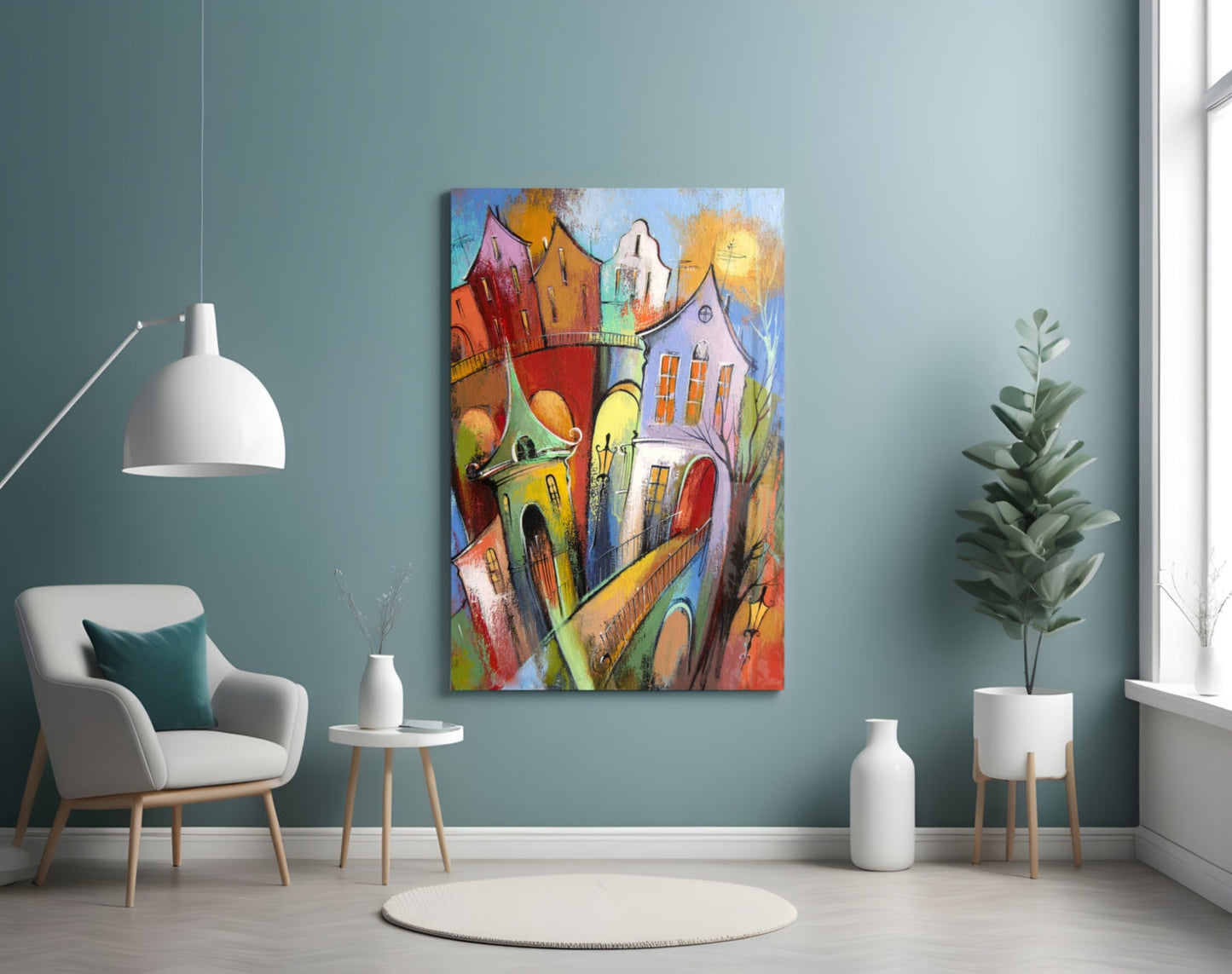 Whimsical Tilted Houses Golden Sun Glass Wall Art