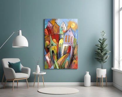 Whimsical Tilted Houses Golden Sun Glass Wall Art