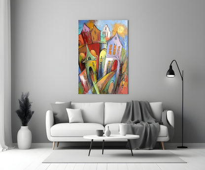 Whimsical Tilted Houses Golden Sun Glass Wall Art