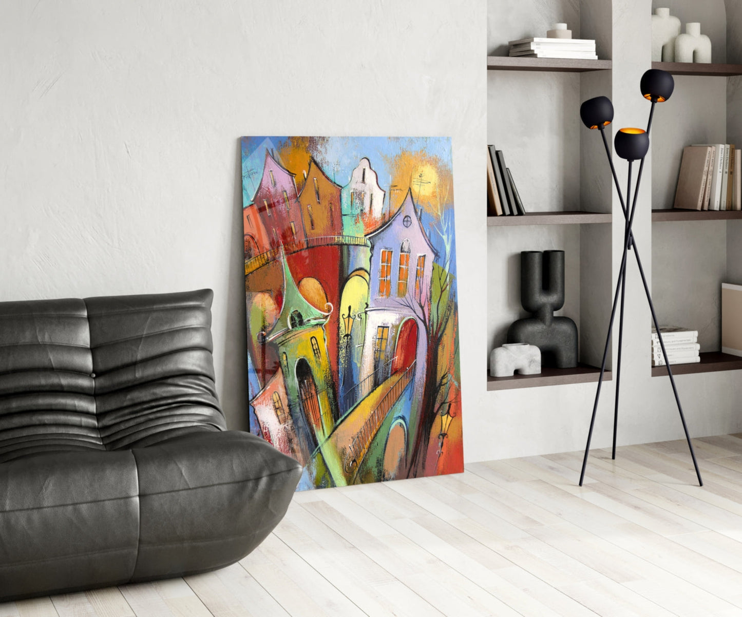 Whimsical Tilted Houses Golden Sun Glass Wall Art