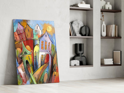 Whimsical Tilted Houses Golden Sun Glass Wall Art