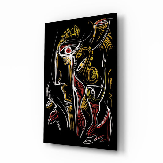 Black glass wall art panel displayed at an angle, featuring abstract faces with gold, white, and red neon-style line drawings against a dark background.
