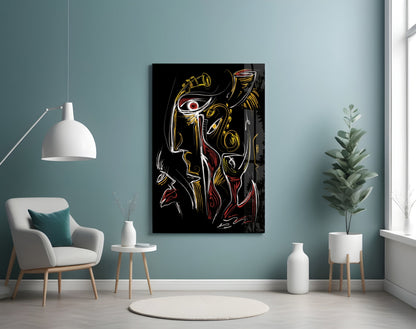Red Eye Abstract Faces on Black Glass Wall Art