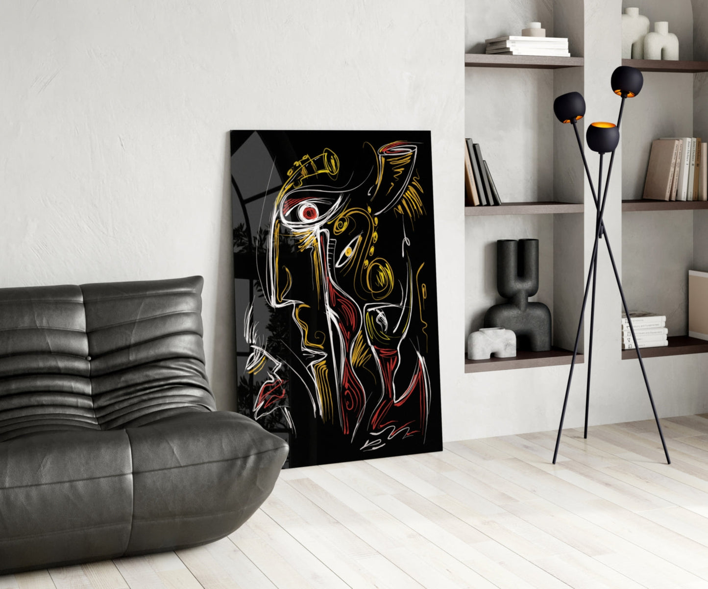Red Eye Abstract Faces on Black Glass Wall Art