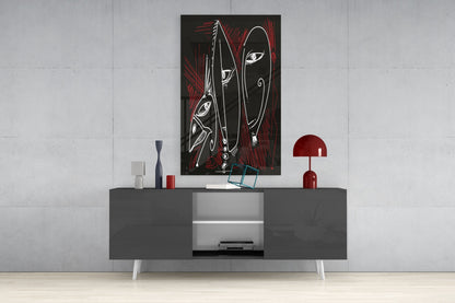 Line Art Faces Red Black Glass Wall Art