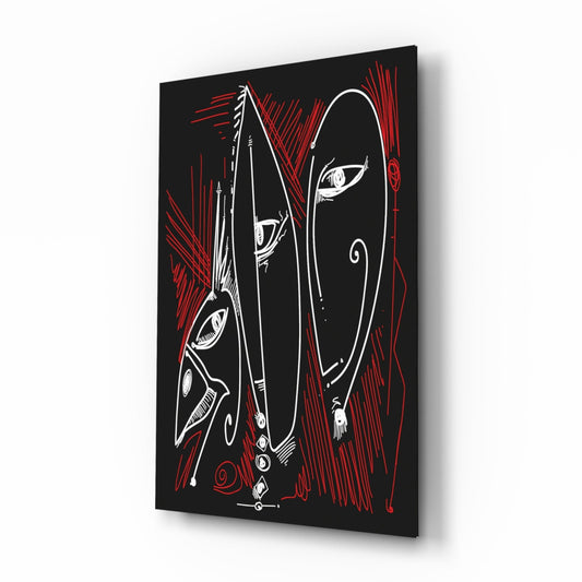 Angled three-quarter view of black glass wall art featuring white line-drawn faces with red hatching background, displayed at perspective angle.