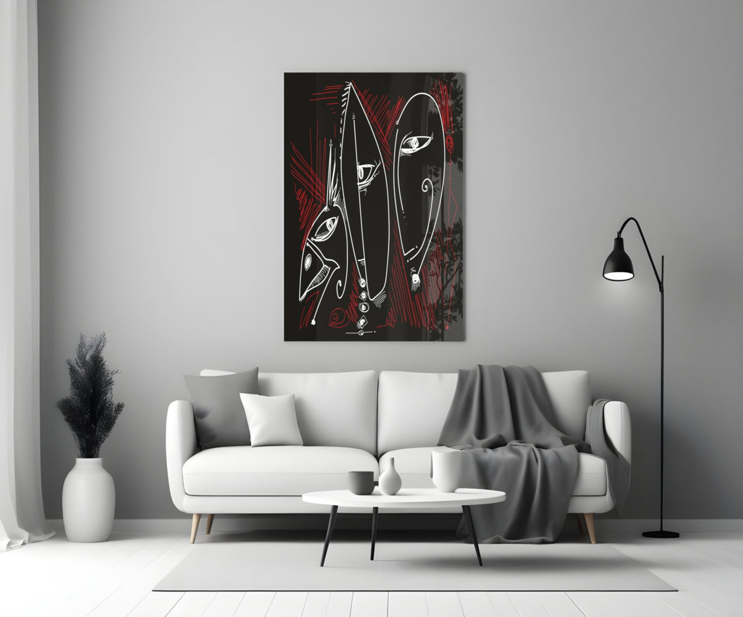 Line Art Faces Red Black Glass Wall Art