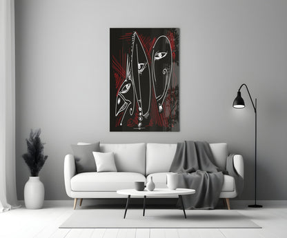 Line Art Faces Red Black Glass Wall Art