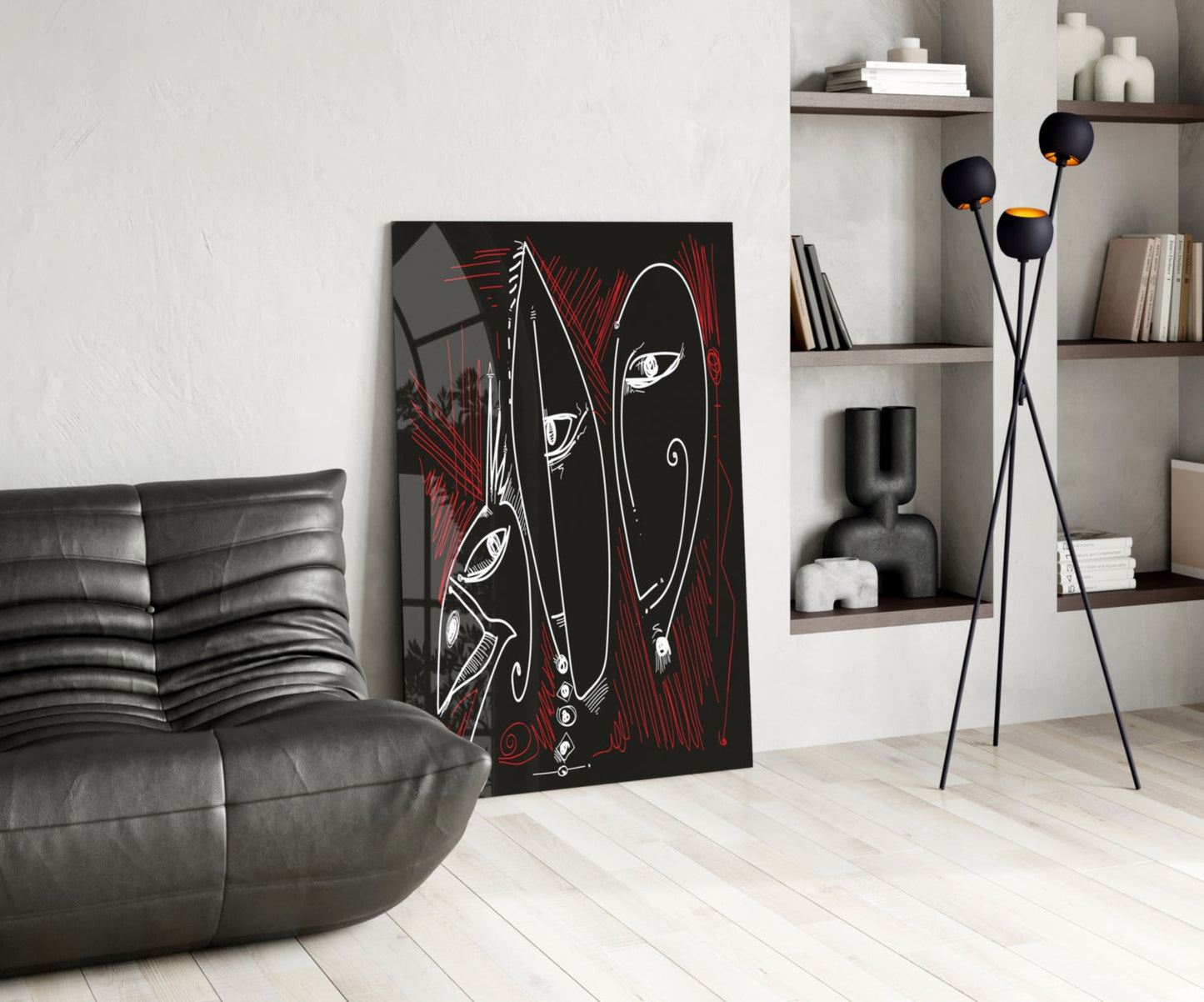 Line Art Faces Red Black Glass Wall Art