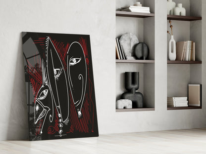 Line Art Faces Red Black Glass Wall Art