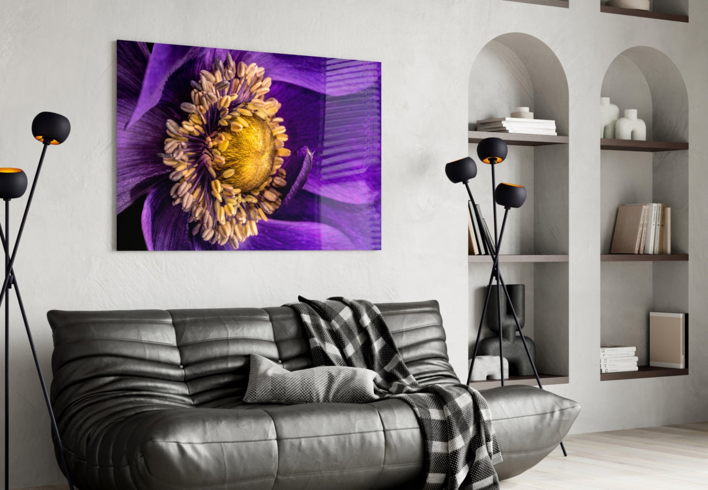 Purple Anemone Macro Yellow Flower Glass Wall Art