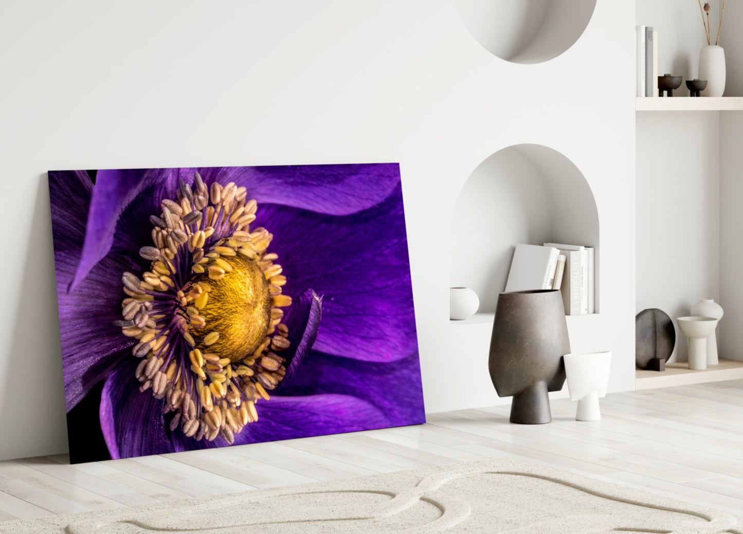 Purple Anemone Macro Yellow Flower Glass Wall Art